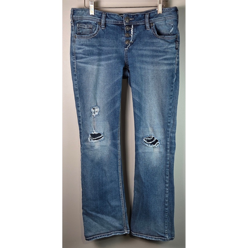 Silver Jeans Co Aiko Mid Boot Women 30x31 Blue Good Distressed Button Fly Denim
